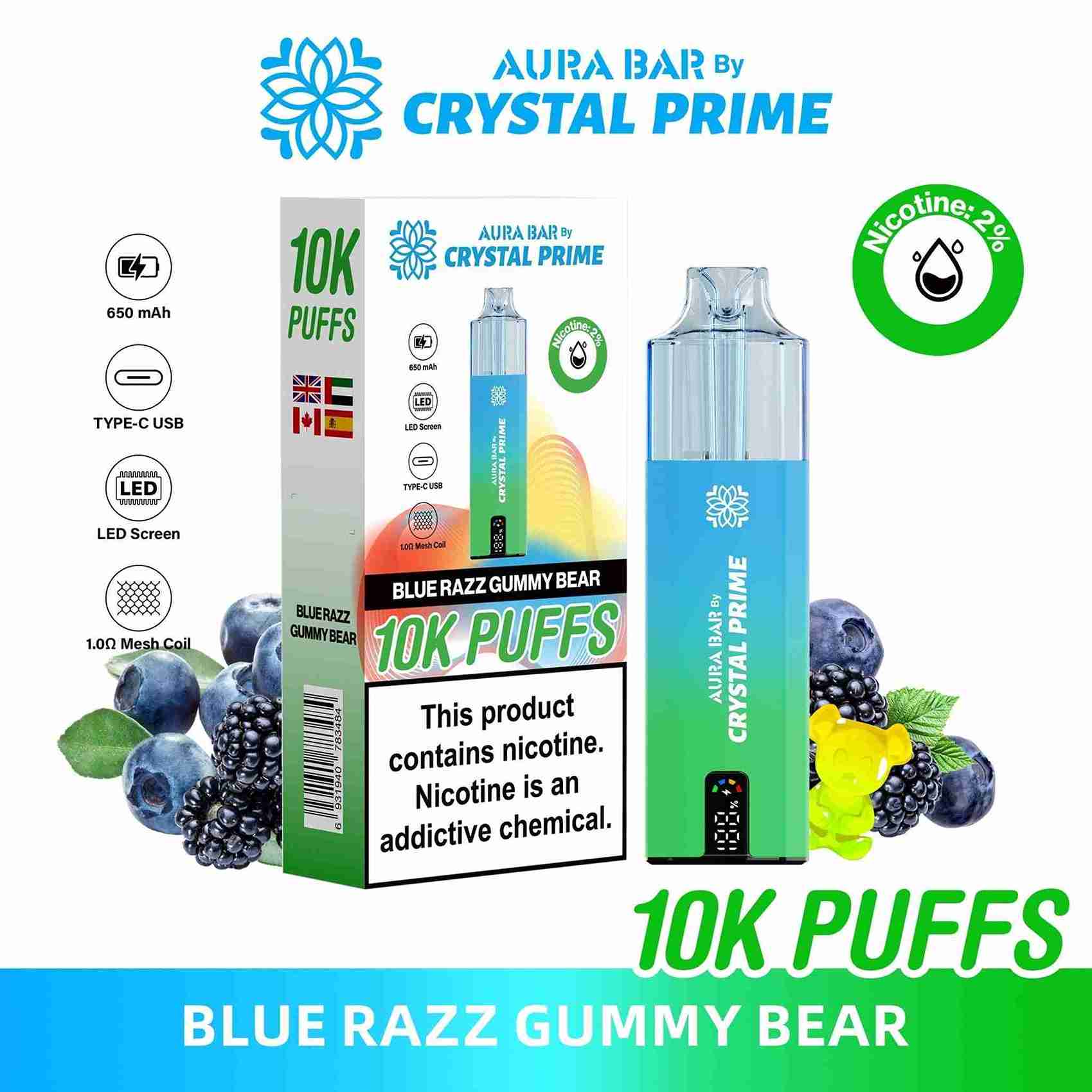 Crystal Prime Aura Bar 10000 Box of 5 - Prefilled Pod Kit - Flavour Blue Razz Gummy Bear available at UK Vaper Wholesale