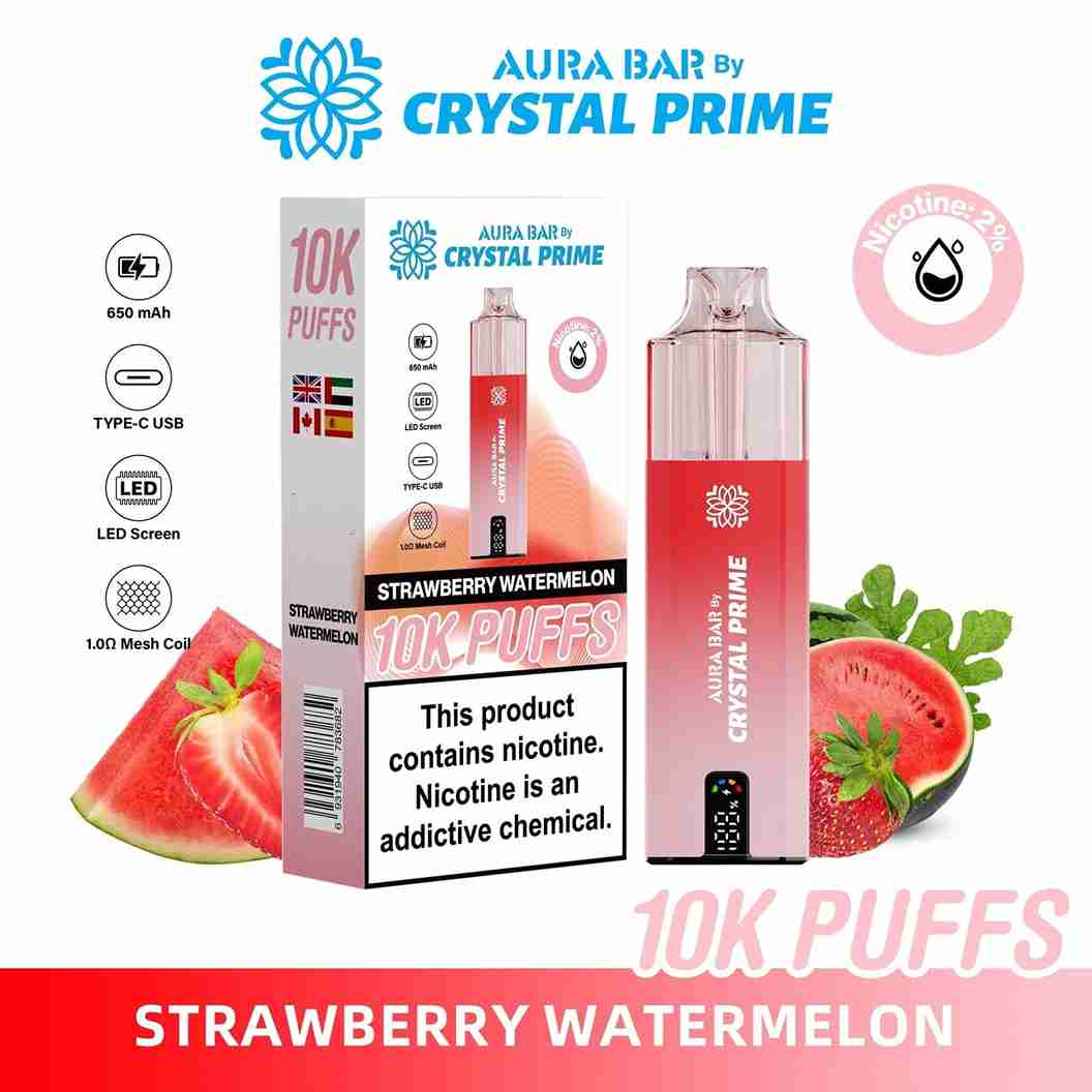 Crystal Prime Aura Bar 10000 Box of 5 - Prefilled Pod Kit - Flavour Strawberry Raspberry Ice available at UK Vaper Wholesale