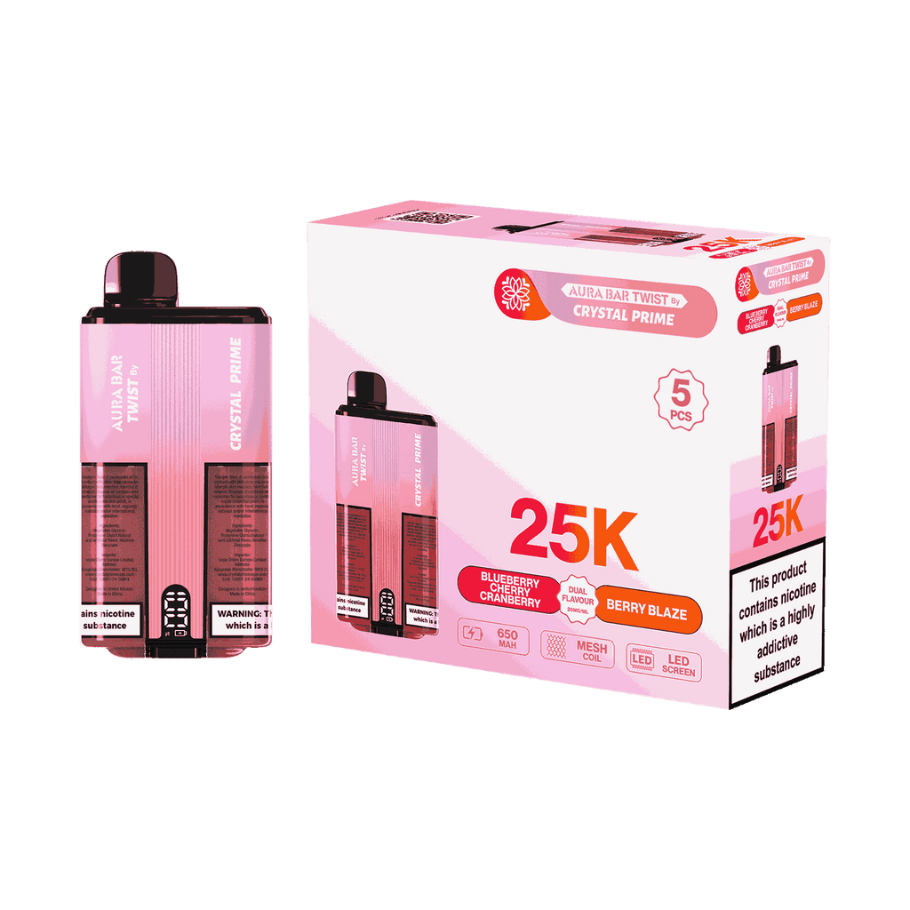 Aura Bar Twist 25000 Puffs by Crystal Prime - Box of 5 with Blueberry Cherry Cranberry and Berry Blaze flavour