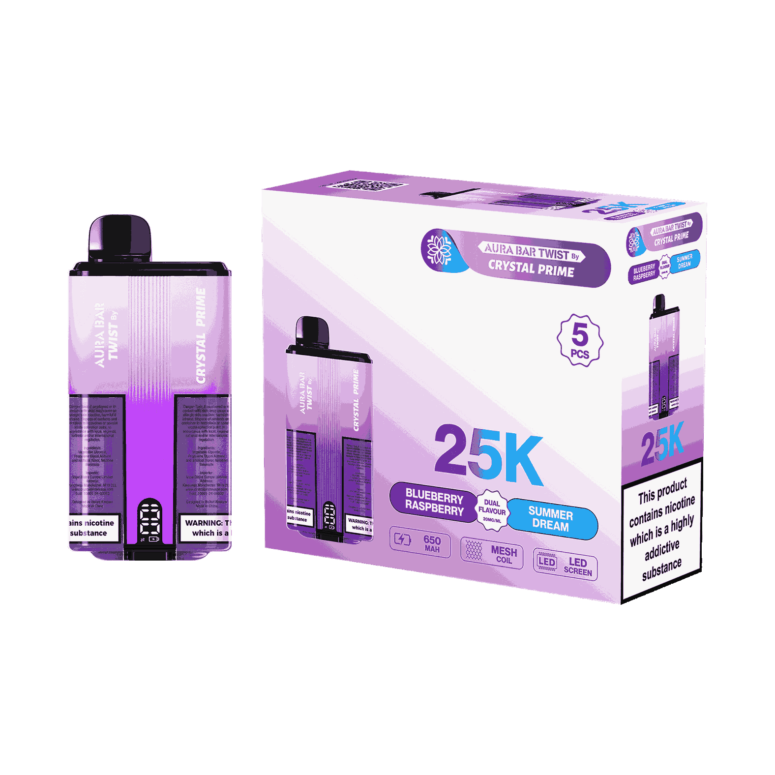 Aura Bar Twist 25000 Puffs by Crystal Prime - Box of 5 with Blueberry Raspberry and Summer Dream flavour