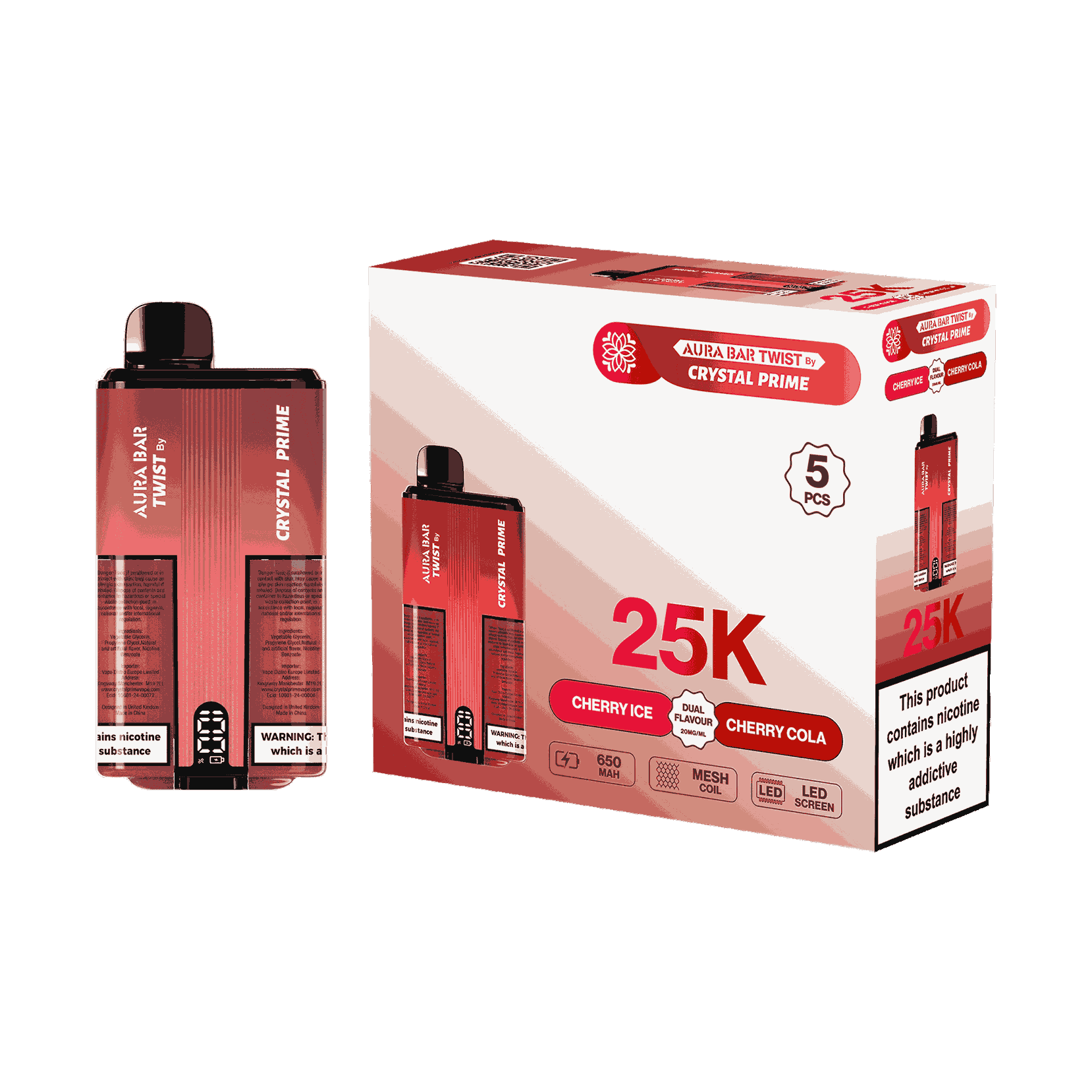 Aura Bar Twist 25000 Puffs by Crystal Prime - Box of 5 with Cherry Ice and Cherry Cola flavour