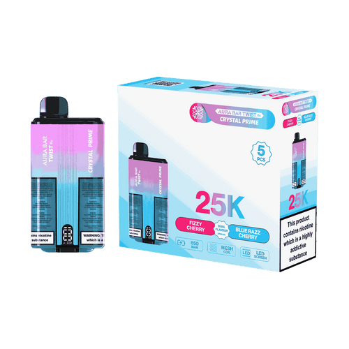 Aura Bar Twist 25000 Puffs by Crystal Prime - Box of 5 with Fizzy Cherry and Blue Razz Cherry flavour