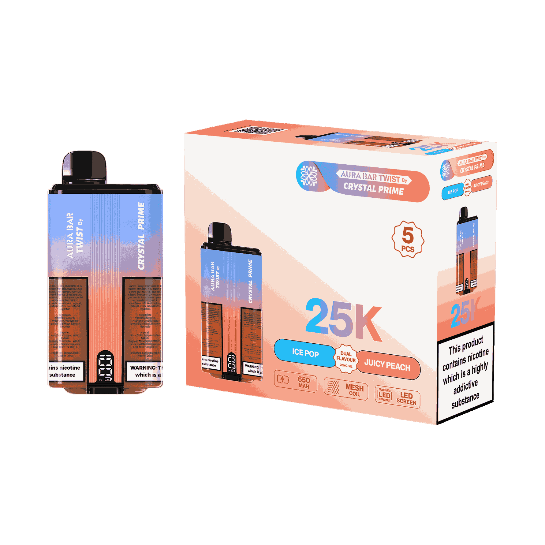 Aura Bar Twist 25000 Puffs by Crystal Prime - Box of 5 with Ice Pop and Juicy Peach flavour