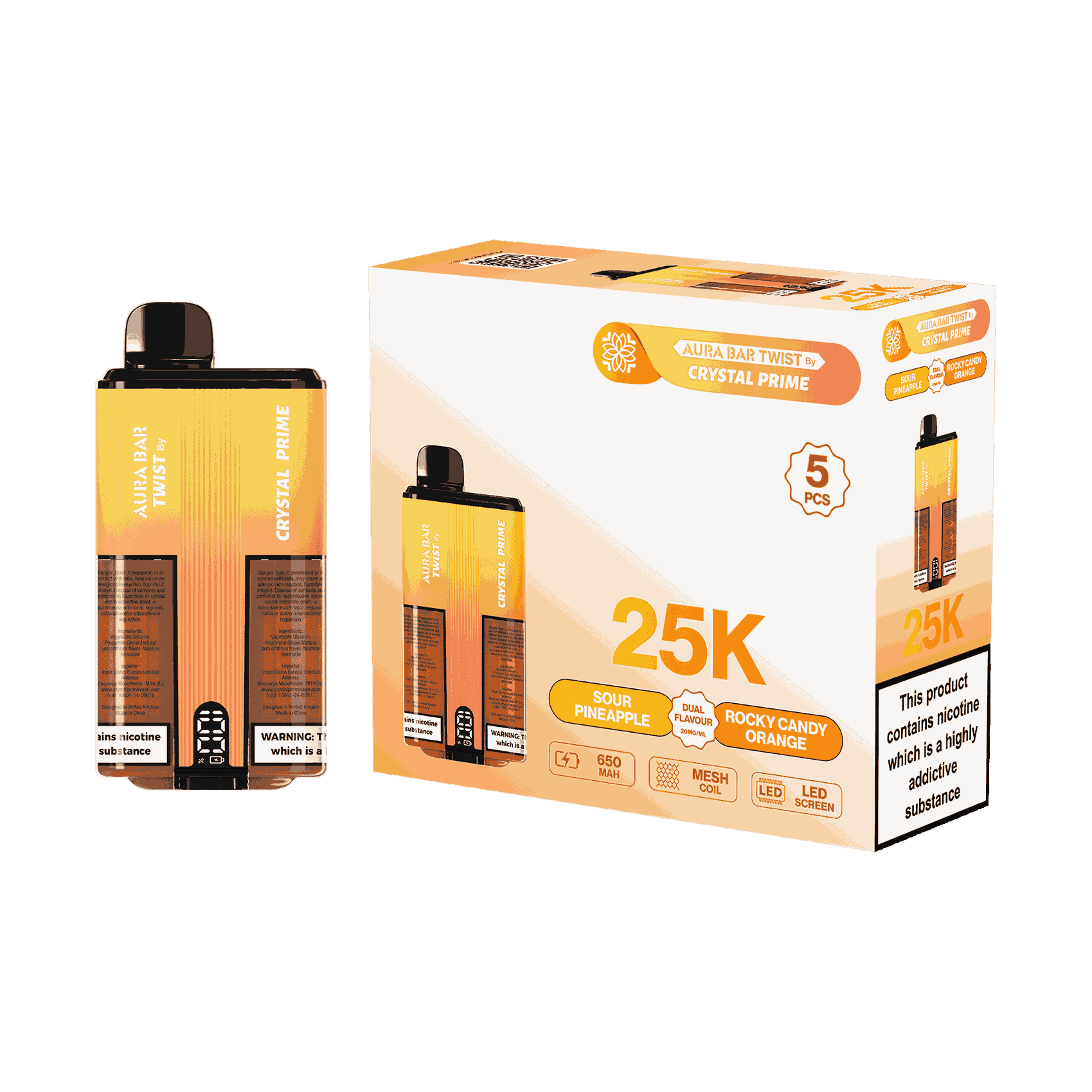 Aura Bar Twist 25000 Puffs by Crystal Prime - Box of 5 with Sour Pineapple and Rocky Candy Orange flavour