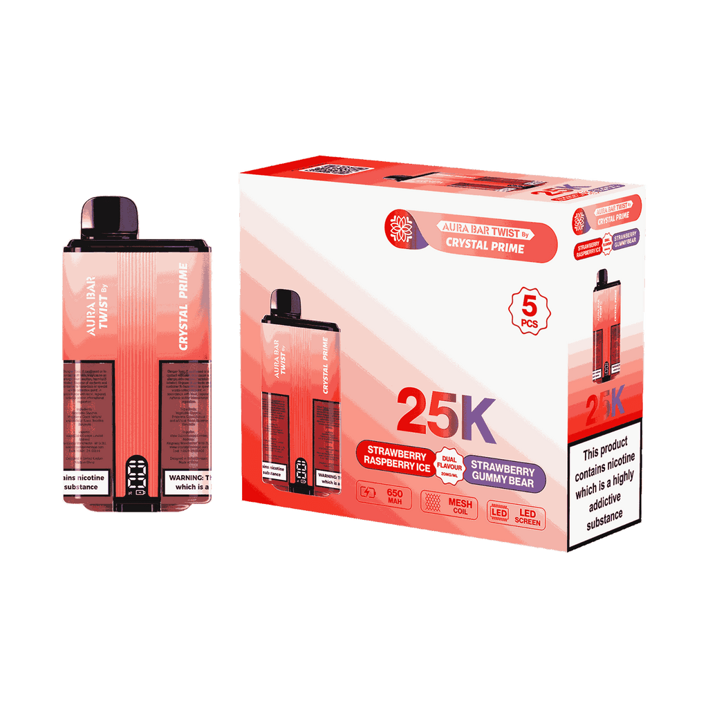 Aura Bar Twist 25000 Puffs by Crystal Prime - Box of 5 with Strawberry Raspberry Ice and Strawberry Gummy Bear flavour