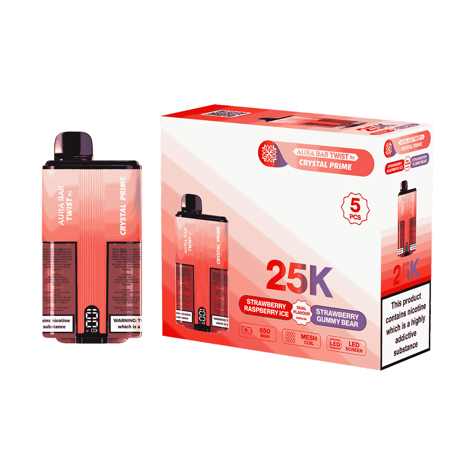 Aura Bar Twist 25000 Puffs by Crystal Prime - Box of 5 with Strawberry Raspberry Ice and Strawberry Gummy Bear flavour