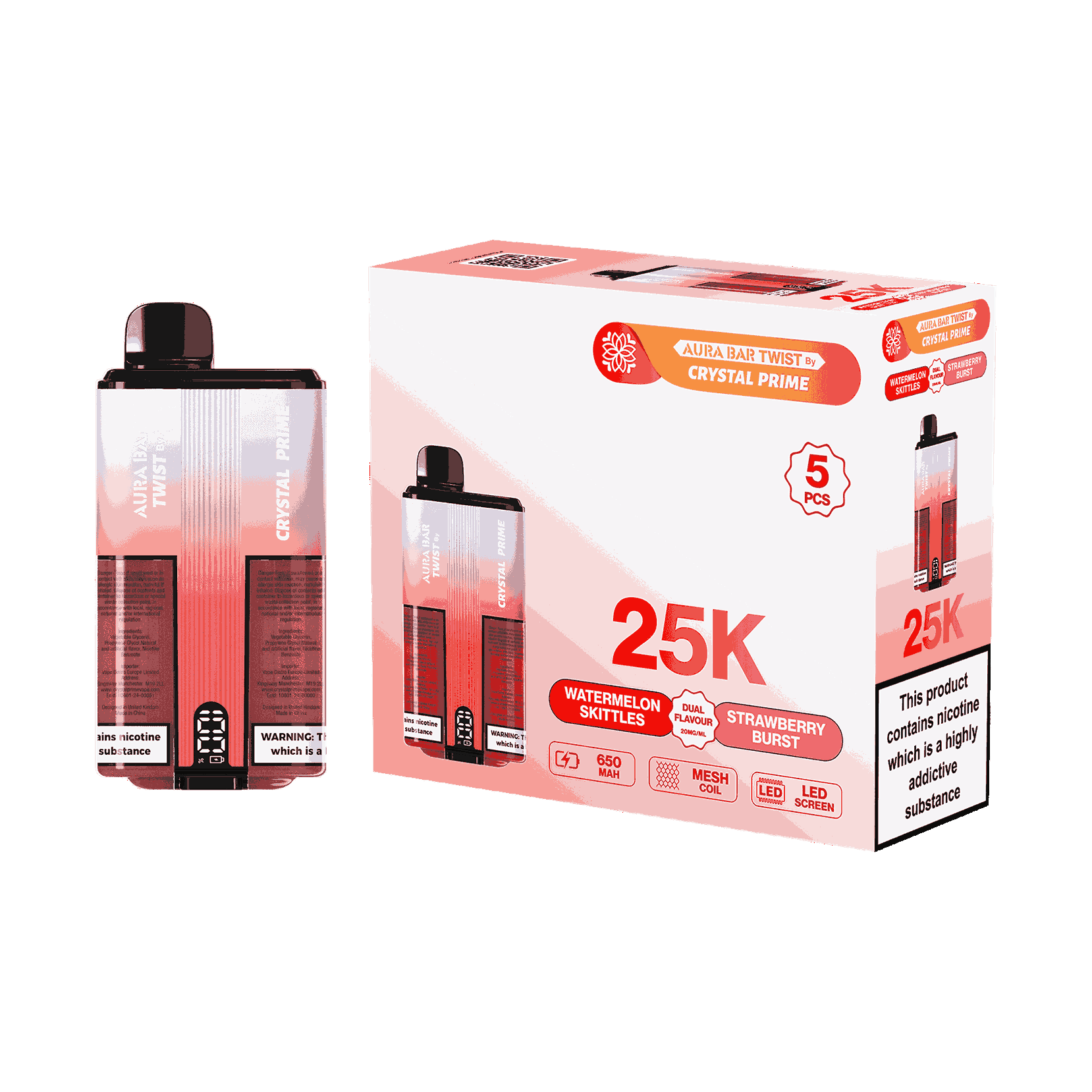 Aura Bar Twist 25000 Puffs by Crystal Prime - Box of 5 with Watermelon Skittles and Strawberry Brust flavour