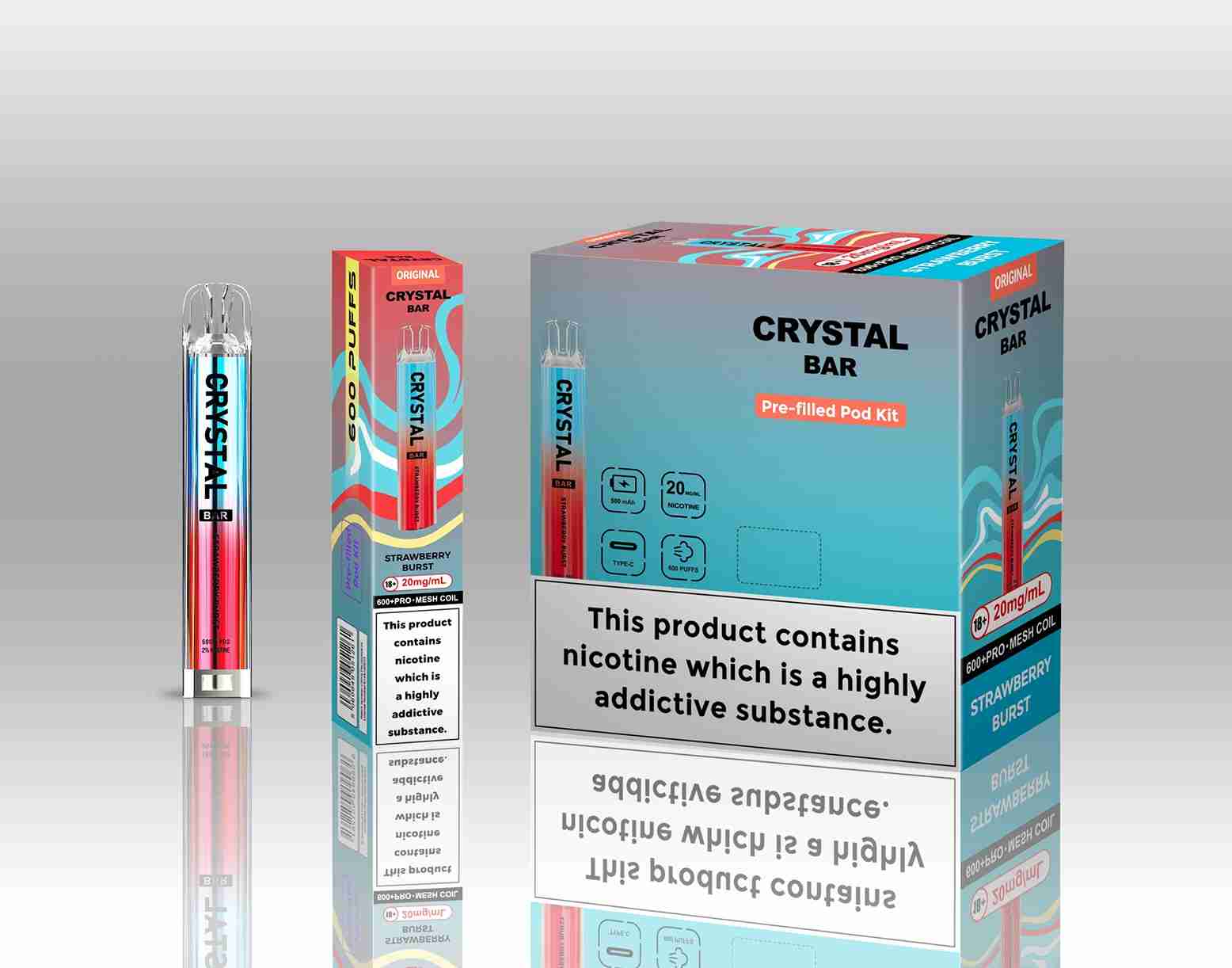 Image of Crystal Bar Original 600 Prefilled Pod Kit Pack of 10 - Flavour Strawberry Burst