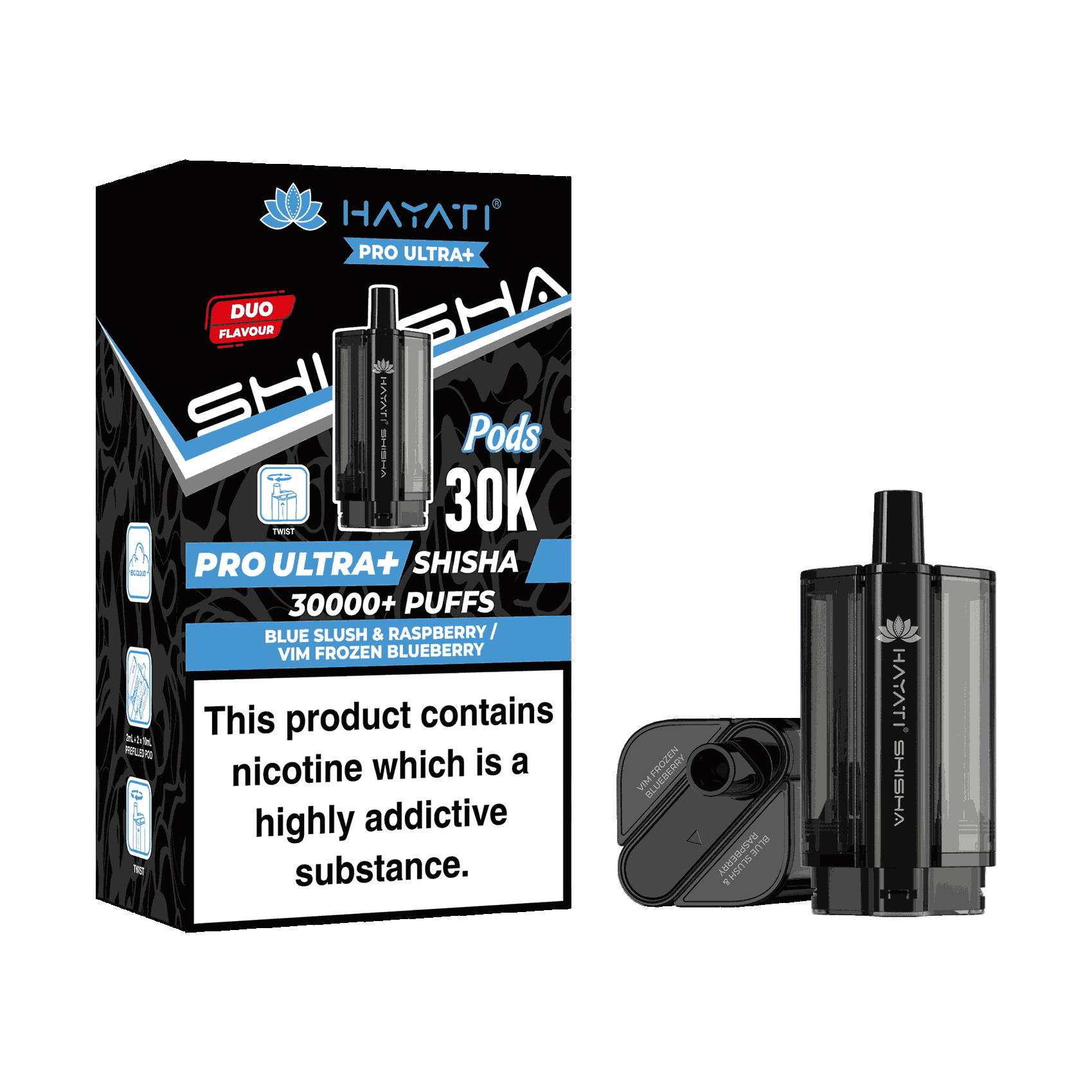 Hayati Pro Ultra Plus Shisha 30k Prefilled Pods Box of 5 - Wholesale Price ! with Blue Slush Raspberry and Vim Frozen Blueberry flavour