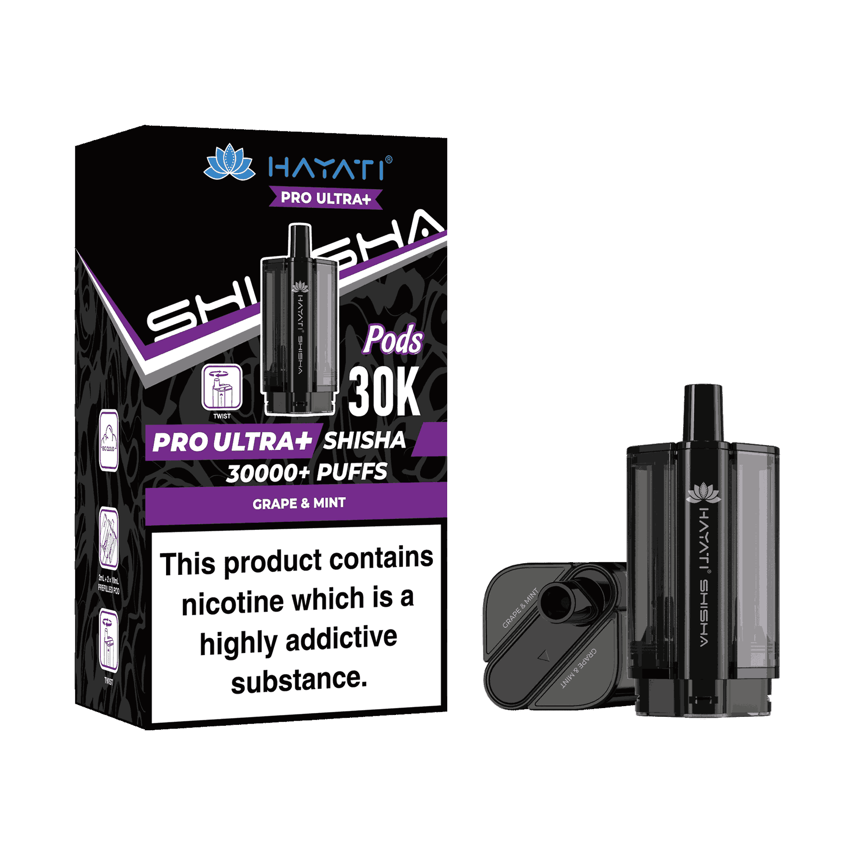 Hayati Pro Ultra Plus Shisha 30k Prefilled Pods Box of 5 - Wholesale Price ! with Grape and Mint flavour