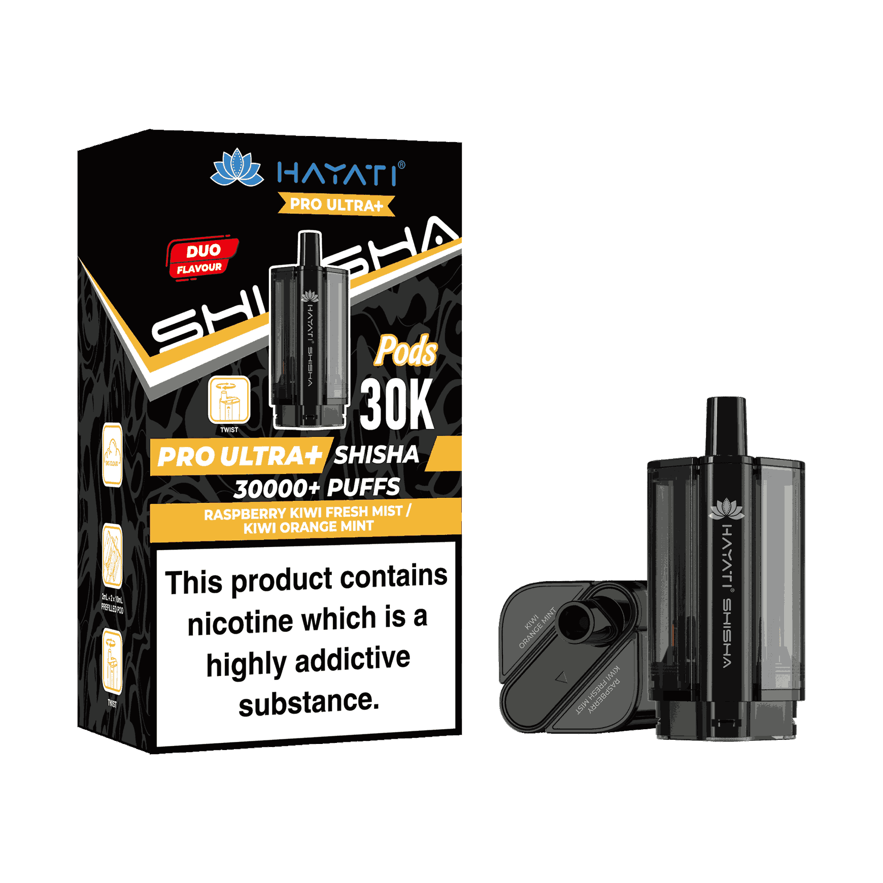 Hayati Pro Ultra Plus Shisha 30k Prefilled Pods Box of 5 - with Raspberry Kiwi Fresh Wist and Kiwi Orange Mint flavour Wholesale Price !