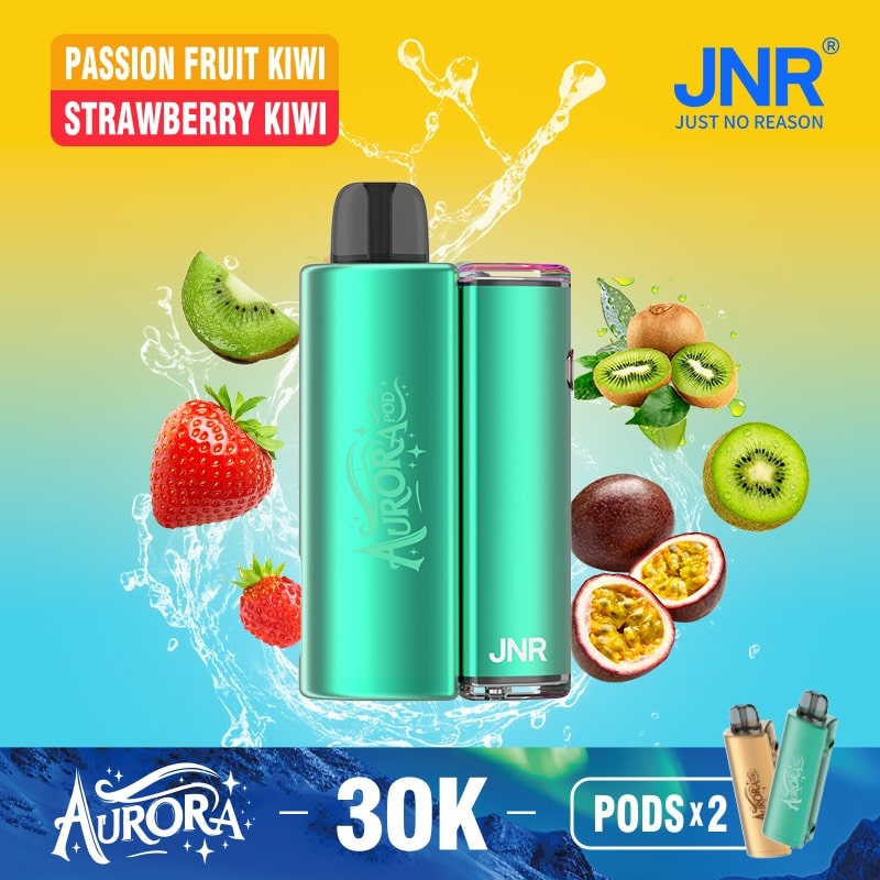 Flavour Passion Fruit Kiwi & Strawberry Kiwi of JNR Aurora 30k Pod vape Kit - Box of 5 at UK Vaper Wholesale