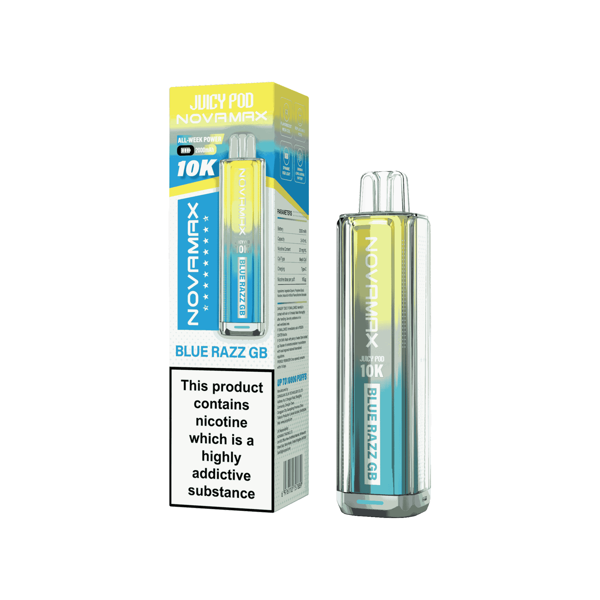Juicy Pod Novamax 10k Prefilled Pod Vape Kit - Pack of 5 available in Blue Razz GB Flavour