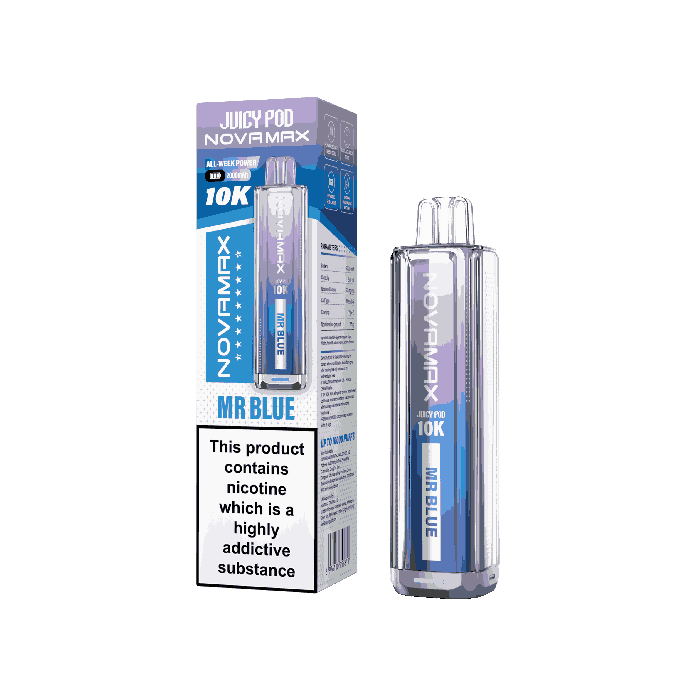 Juicy Pod Novamax 10k Prefilled Pod Vape Kit - Pack of 5 available in Mr Blue Flavour