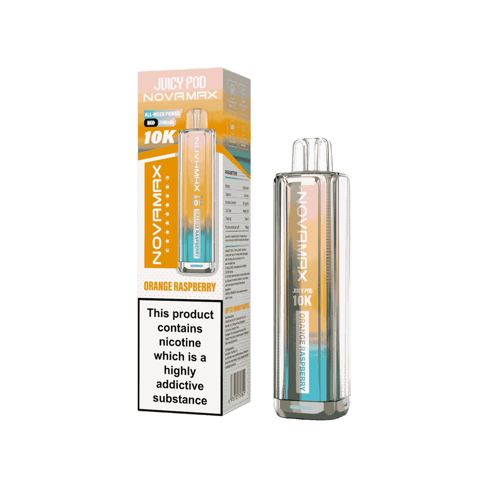 Juicy Pod Novamax 10k Prefilled Pod Vape Kit - Pack of 5 available in Orange Raspberry Flavour 