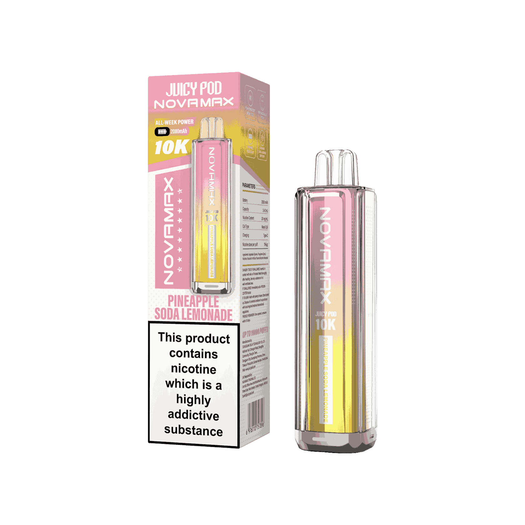 Juicy Pod Novamax 10k Prefilled Pod Vape Kit - Pack of 5 available in Pineapple Soda Lemonade 