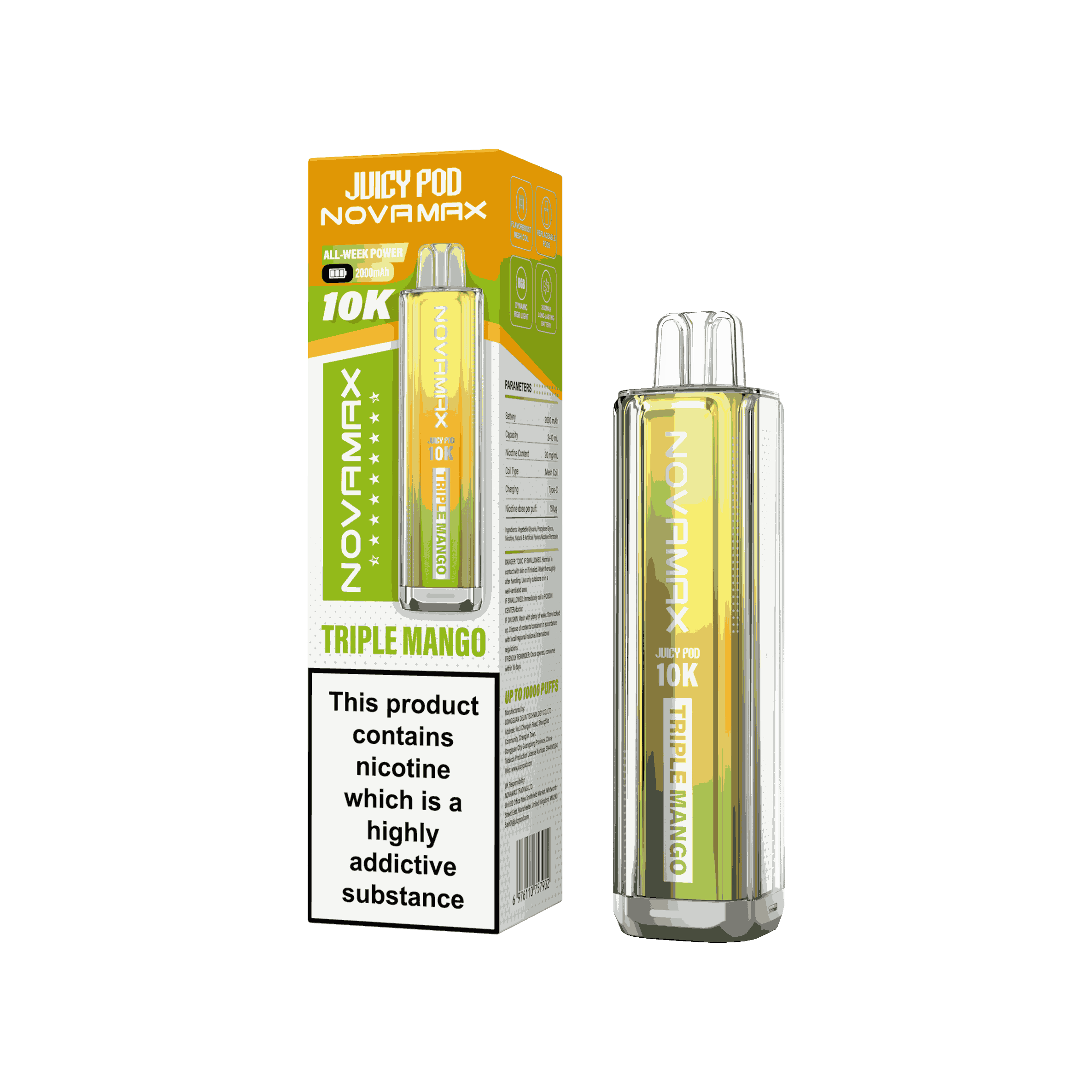 Juicy Pod Novamax 10k Prefilled Pod Vape Kit - Pack of 5 available in Triple Mango Flavour 