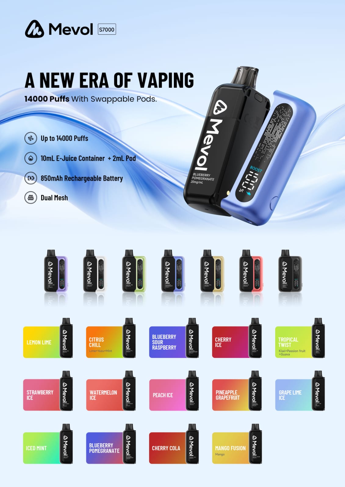 Mevol S7K 14000 Puffs Prefilled Pod Vape Kit - Box of 5