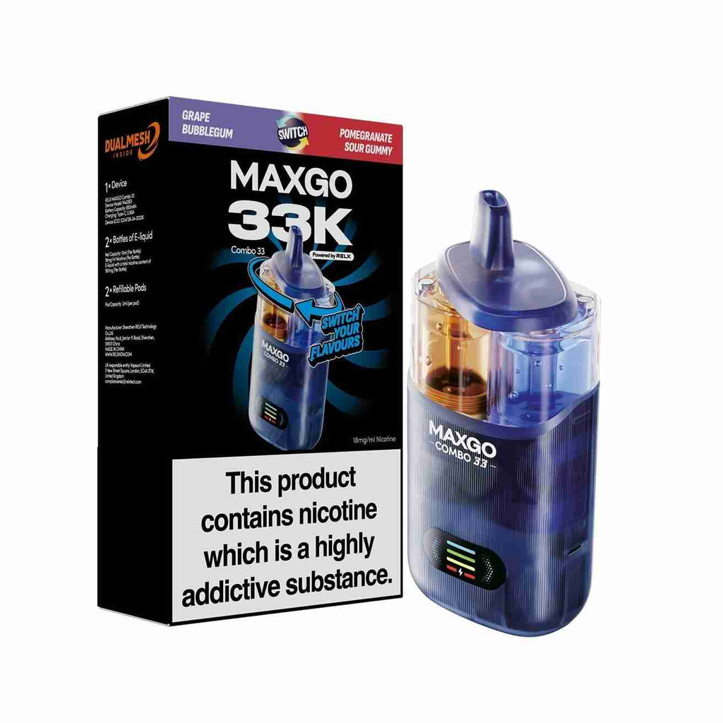 Relx Maxgo Combo 33000 Prefilled Pod Kit - Box of 5 available in Grape Bubblegum Flavour 