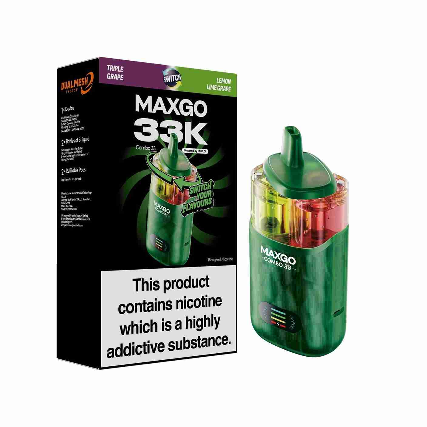 Relx Maxgo Combo 33000 Prefilled Pod Kit - Box of 5 available in Triple Grape Flavour 