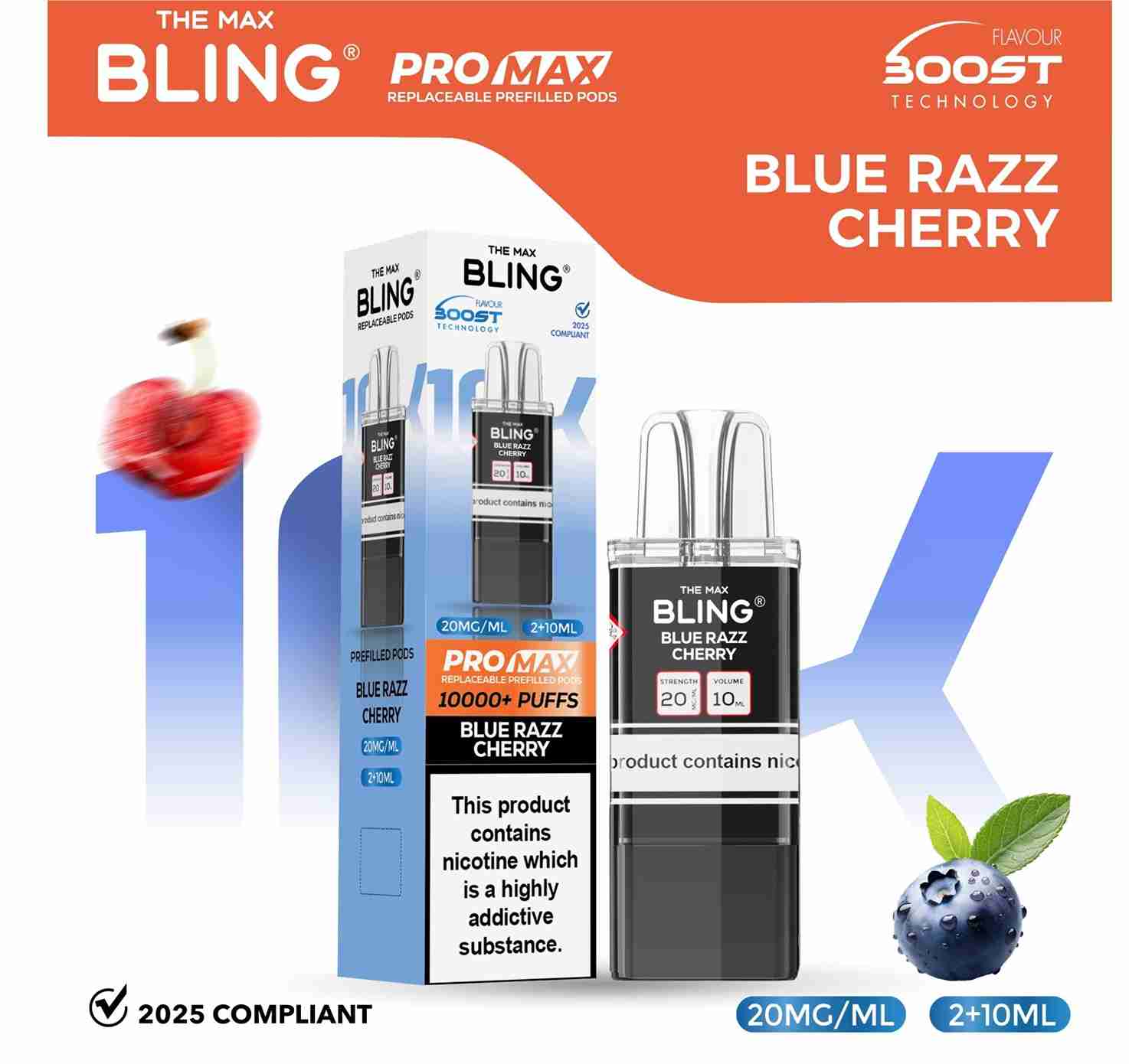 The Bling 10K Pro Max Replacement Prefilled Pods - Box of 5 Available In Blue Razz Cherry Flavour 