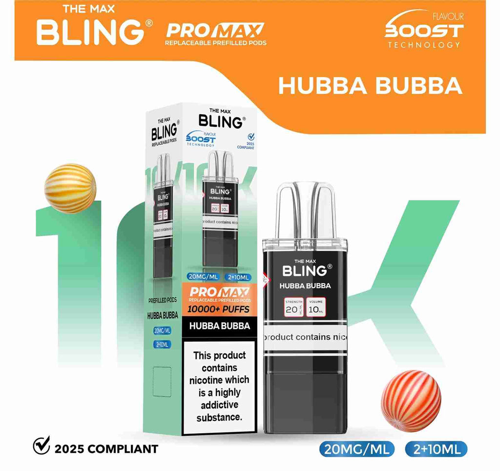 The Bling 10K Pro Max Replacement Prefilled Pods - Box of 5 Available In Hubba Bubba Flavour 