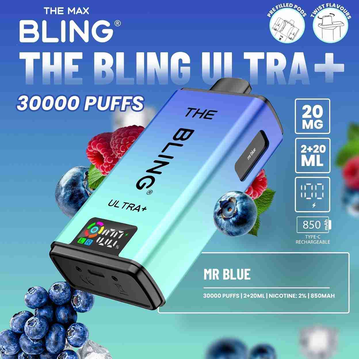 The Bling Ultra Plus 30k Prefilled Vape Pod Kit Box of 5, Mr  Blue Flaour