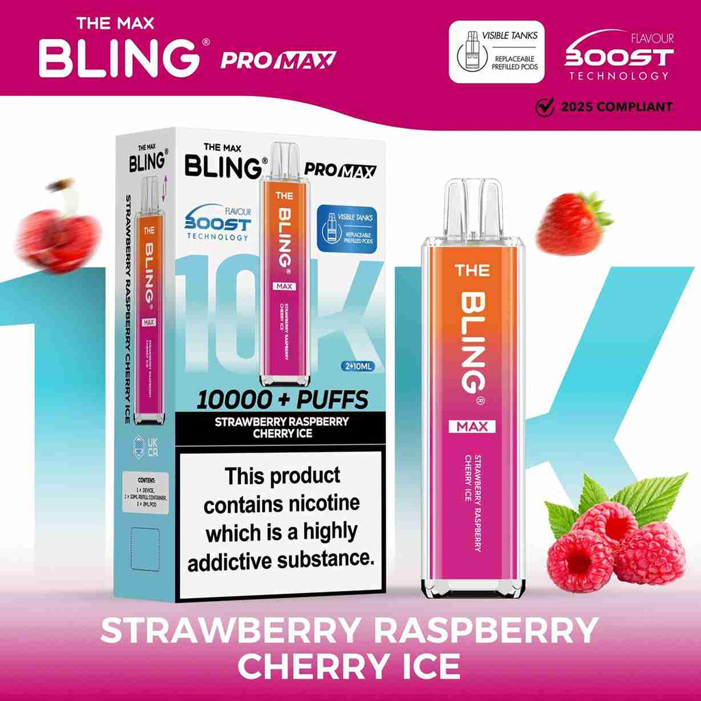 The Crystal Bling Max 10K Prefilled Pod Kit - Box of 5 Available In Strawberry Raspberry Cherry Ice Flavour 