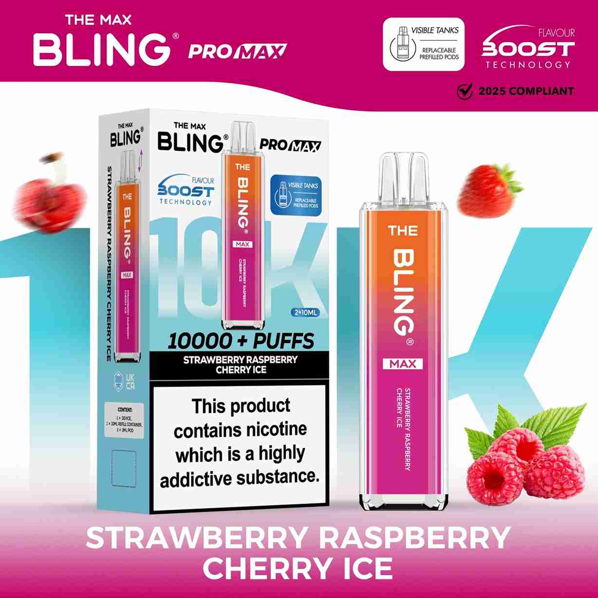 The Crystal Bling Max 10K Prefilled Pod Kit - Box of 5 Available In Strawberry Raspberry Cherry Ice Flavour 
