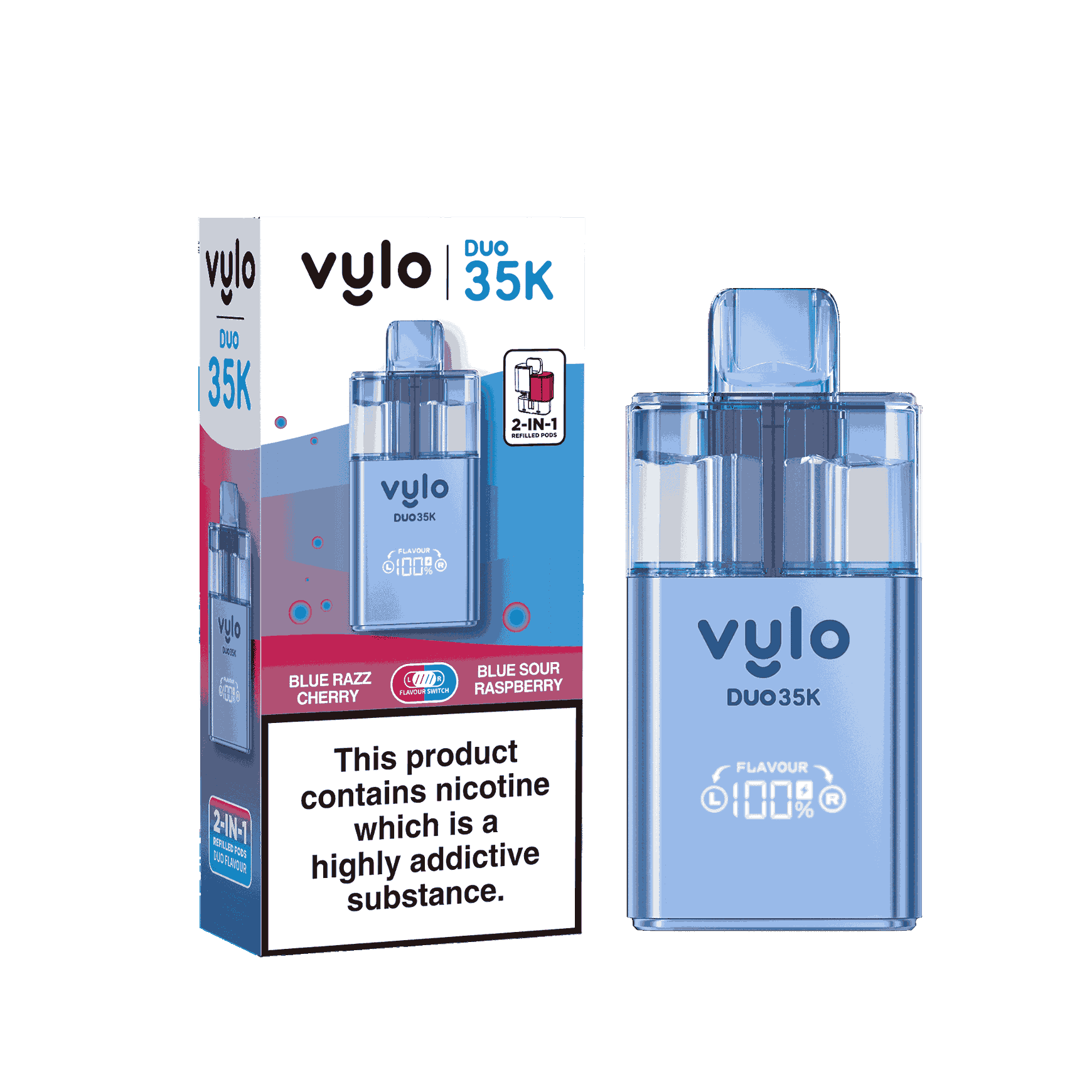Vylo Duo 35k Prefilled 2 in 1 Pod Vape Box of 5 - Available In Blue Razz Cherry & Blue Sour Raspberry